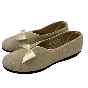 Flexus‎ by Spring Step Hikaru Beige Floral Slipper House Shoe Satin Bow Womens 8